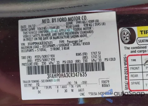 2012 Ford Fusion Se z USA, uszkodzony, nr VIN 3FAHP0HA3CR347635